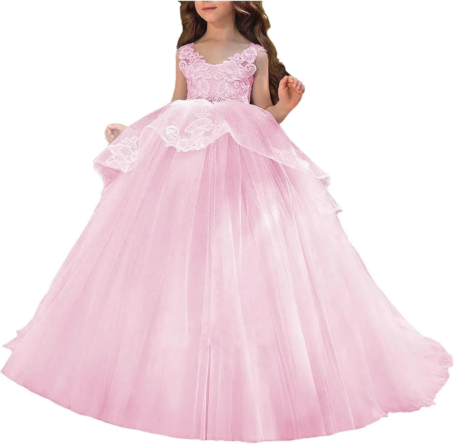 Vestido de niña de flores de tul con apliques de princesa, falda de tul abullonada, vestidos sin mangas para desfiles infantiles, vestidos de baile 