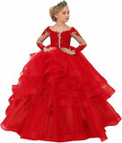 Long Sleeve Flower Girl Dresses Laces Applique Beaded Princess Pageant Dress Beaded Ruffle Tulle Kids Prom Party Gown