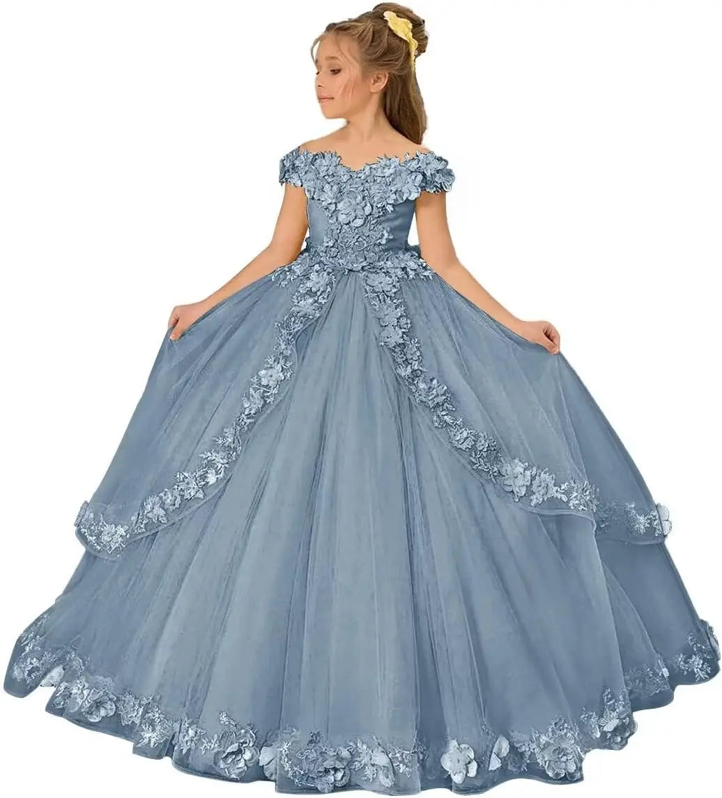 Vestido de tul para niña de las flores, para boda, con hombros descubiertos, para desfile, con flores 3D, estilo princesa, para fiesta 