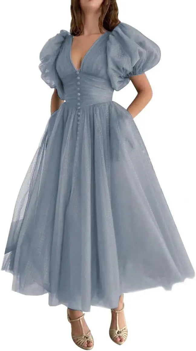 Puffy Sleeve Prom Dresses for Women Dotted Tulle V Neck Formal Evening Party Gowns Tea Length Bridesmaid Dresses