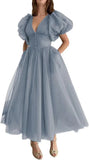 Puffy Sleeve Prom Dresses for Women Dotted Tulle V Neck Formal Evening Party Gowns Tea Length Bridesmaid Dresses