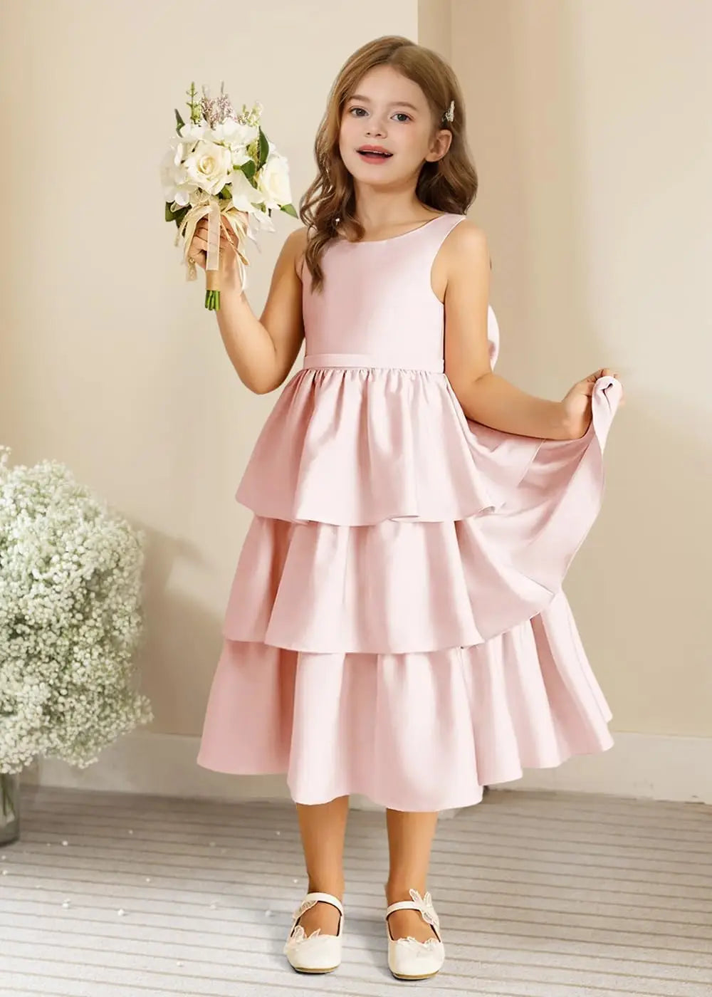 Girls Crewneck Layers Flower Girl Satin Pageant Dress with Bow Knot Backless Birthday Party Formal Dress princess dress