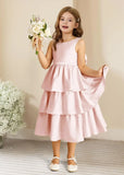 Girls Crewneck Layers Flower Girl Satin Pageant Dress with Bow Knot Backless Birthday Party Formal Dress princess dress