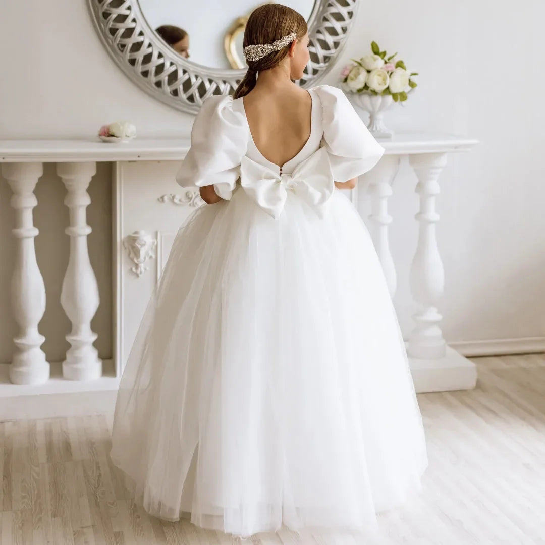 Weiße Perlen mit Schleife, kurze Ärmel, für Hochzeit, Geburtstag, Party, Heilige Kommunion, Bankett, Prinzessinnenkleid, individuelles Blumenmädchenkleid 