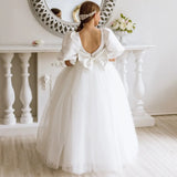 Weiße Perlen mit Schleife, kurze Ärmel, für Hochzeit, Geburtstag, Party, Heilige Kommunion, Bankett, Prinzessinnenkleid, individuelles Blumenmädchenkleid 