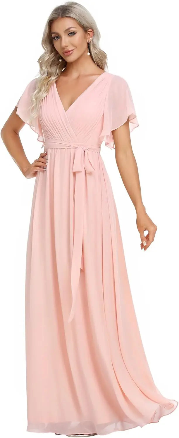 Vestido de dama de honor para mujer, escote en V, mangas con volantes, busto fruncido, largo hasta el suelo, de gasa, vestido formal para invitada de boda. 