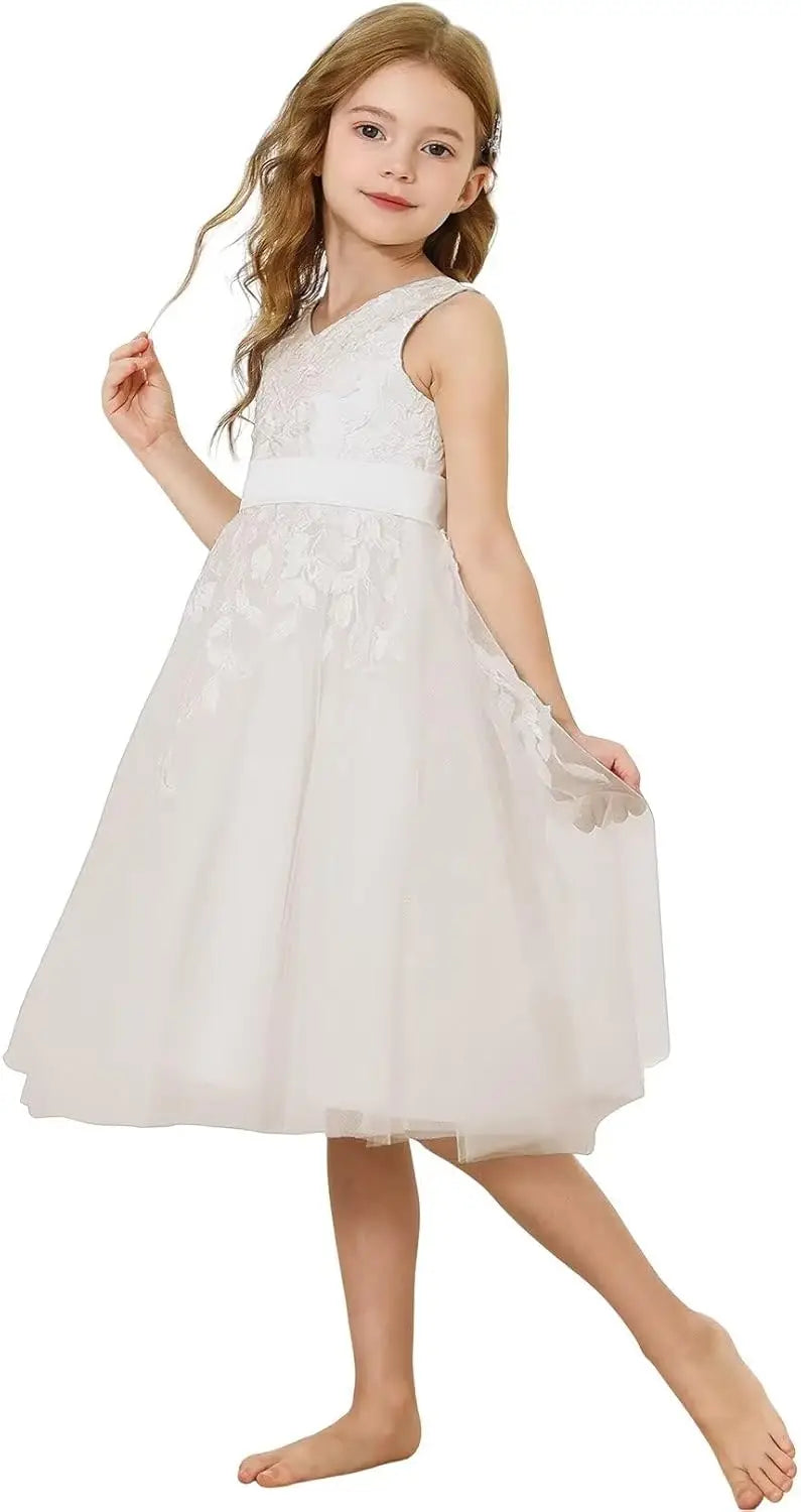 Lace Flower Girl Dresses for Wedding Kids Puffy Tulle Communion Dress Pageant Party Prom Ball Gowns with Bow Knot