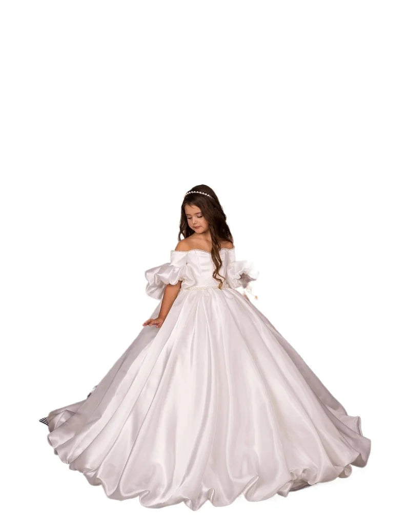 Custom made Tulle flower Lace flower girl dress Ivory flower girl dresses First communion gown Junior bridesmaid princess gowns