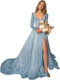 Glitter Prom Dresses Simple Long Sleeve Wedding Dresses for Bride A Line Princess Ball Gown with Slit simple wedding dress