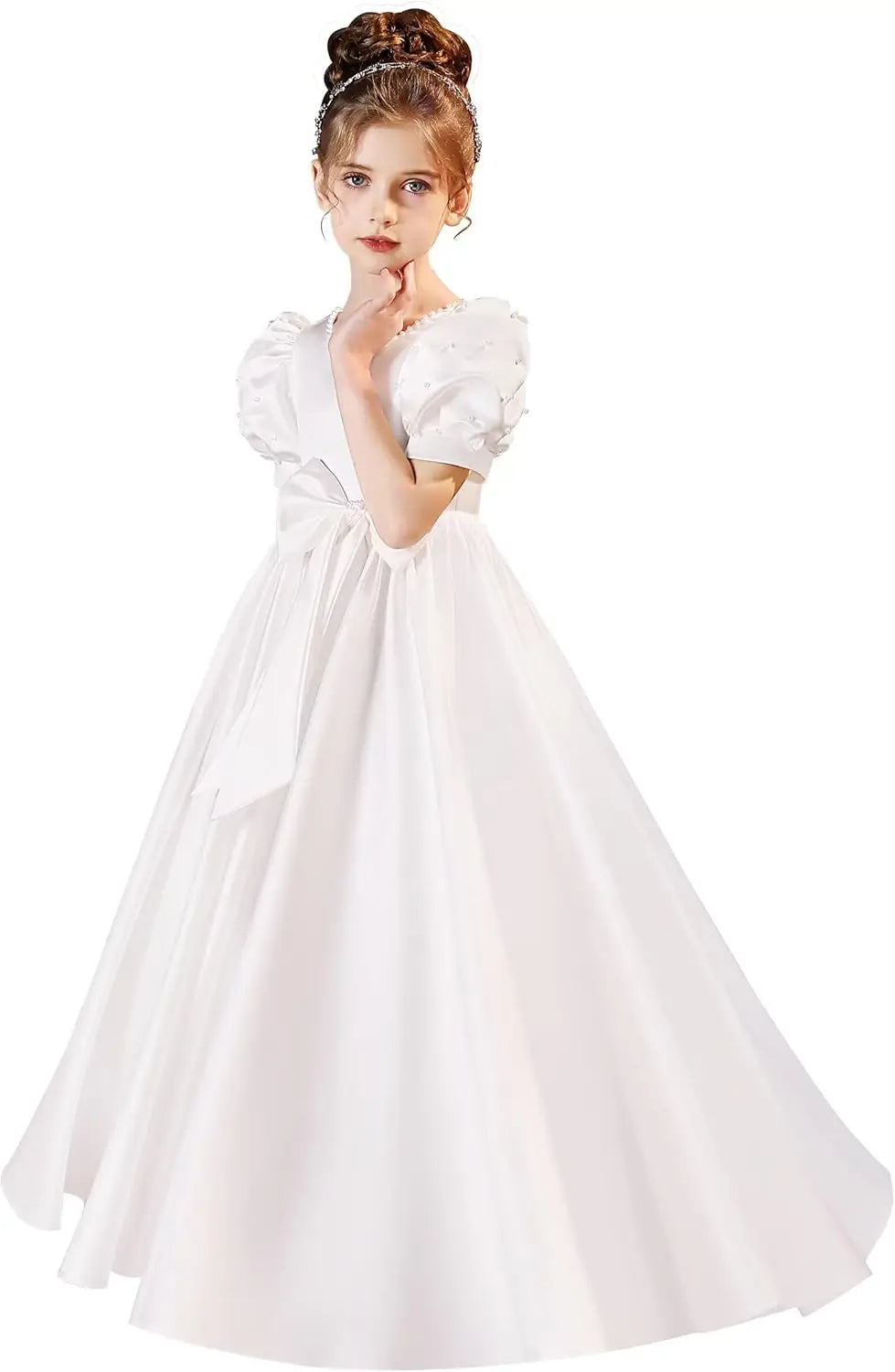 Satin First Communion Dress Flower Girl Dresses for Wedding Pearls Princess Pageant Dress with Bow-Knot