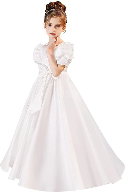 Vestido de primera comunión de satén, vestidos de niña de las flores para boda, vestido de princesa con perlas y lazo. 