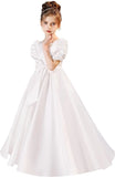 Satin First Communion Dress Flower Girl Dresses for Wedding Pearls Princess Pageant Dress with Bow-Knot