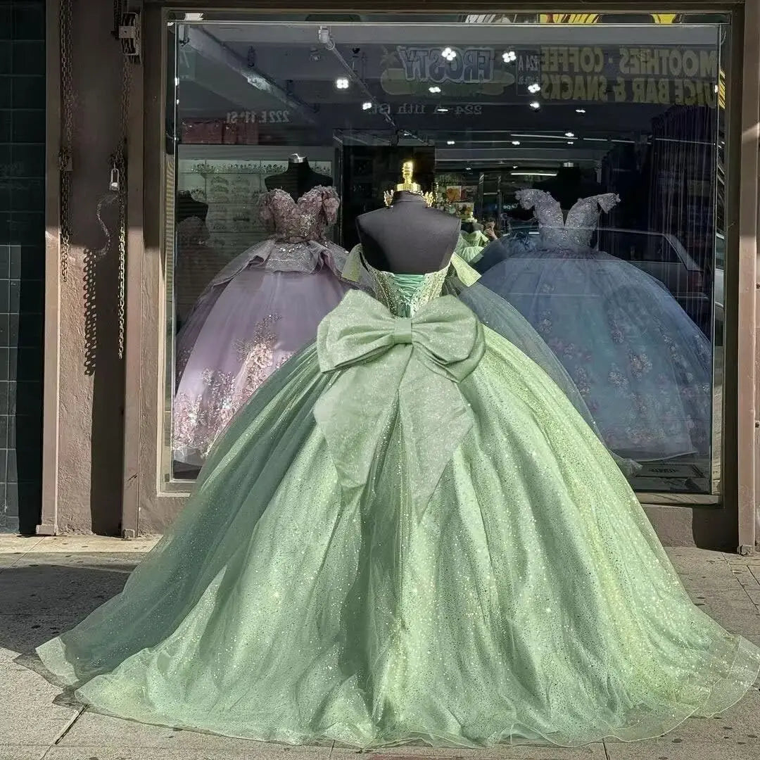 Tulle Quinceanera Dresses with Bow Puffy Off Shoulder Sweet 16 Dresses Sparkly Crystal Quince Dress with Train