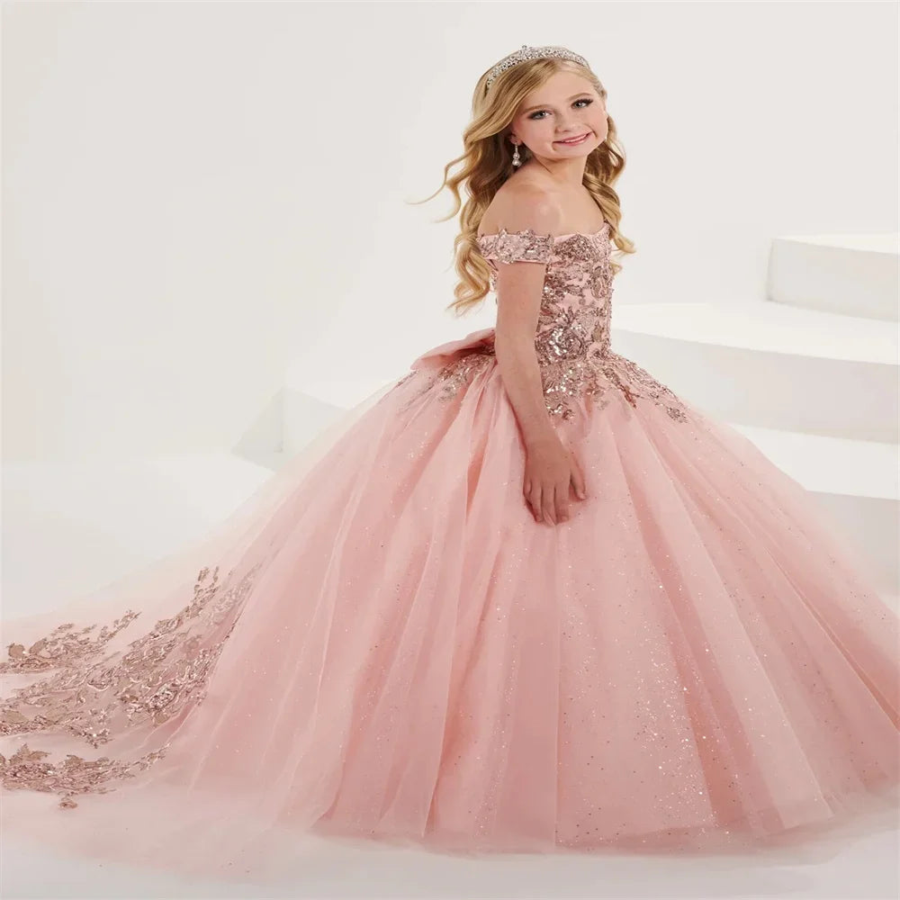 Vestido de primera comunión con apliques de encaje para niña de las flores, para boda, tul, lentejuelas, hinchado, elegante, para cumpleaños infantil. 