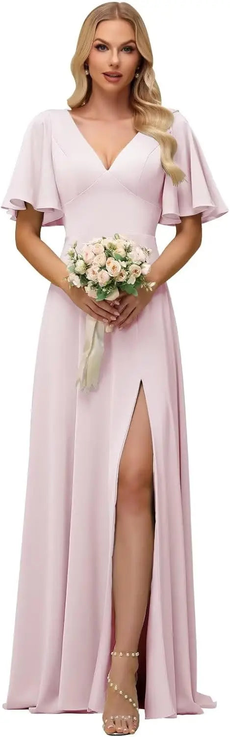 Wedding Party Chiffon Short Sleeves Bridesmaid Dresses for Women Slit Long Cut Out Elegant Maxi Formal Evening Cocktail Gown