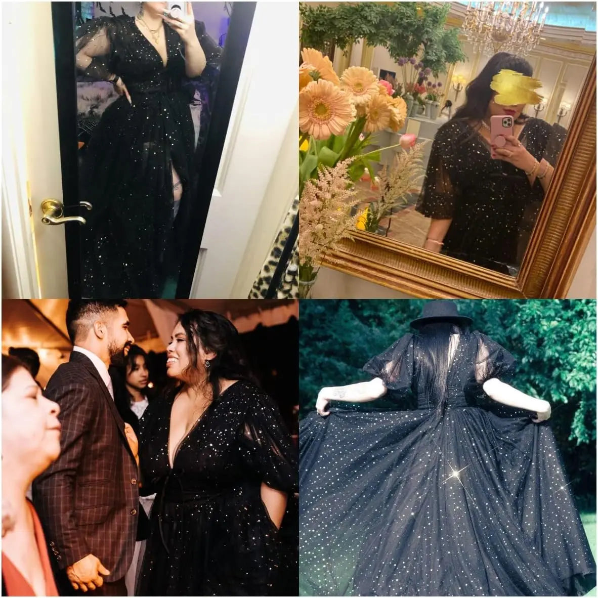 Vestidos de fiesta formales de noche largos de talla grande con mangas abullonadas de tul estrellado brillante para mujer con abertura 