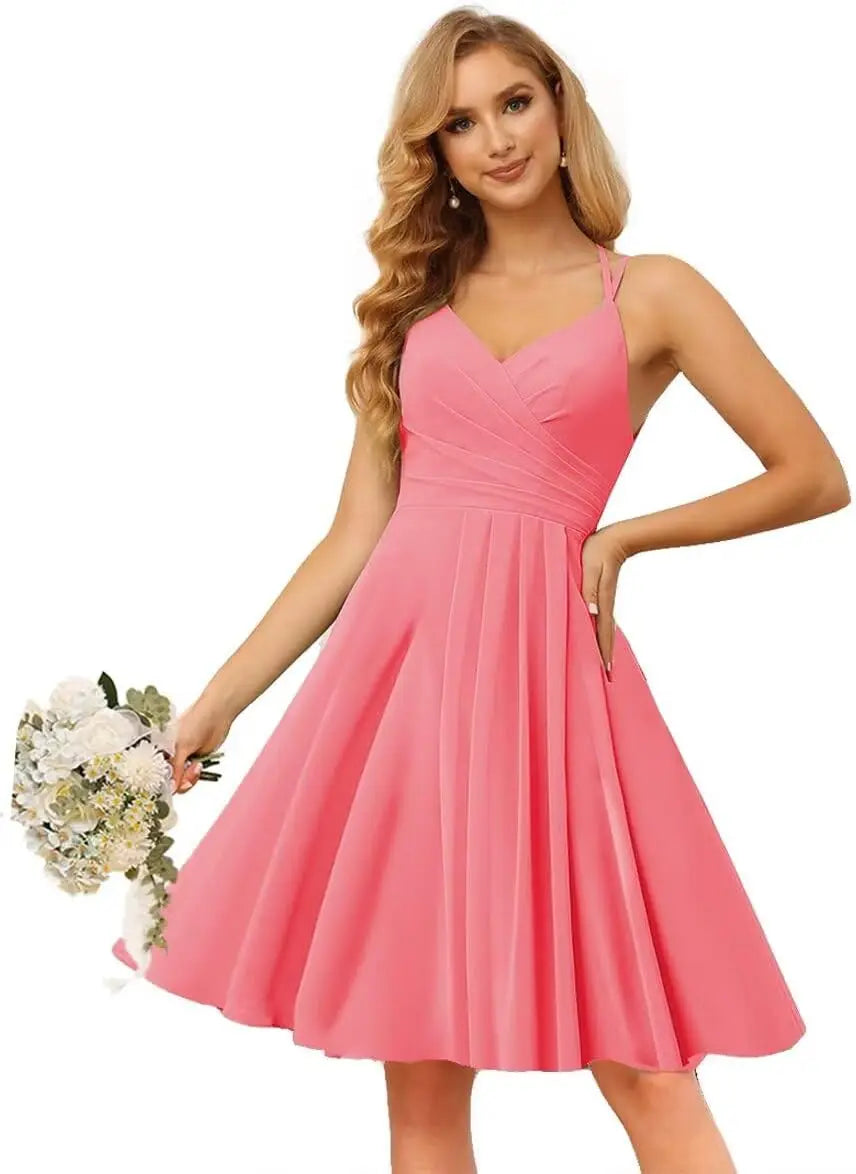 Chiffon V Neck Bridesmaid Dress with Pleated Bodice A Line Chiffon Short Prom Homecoming Dress for Women cocktail dresses