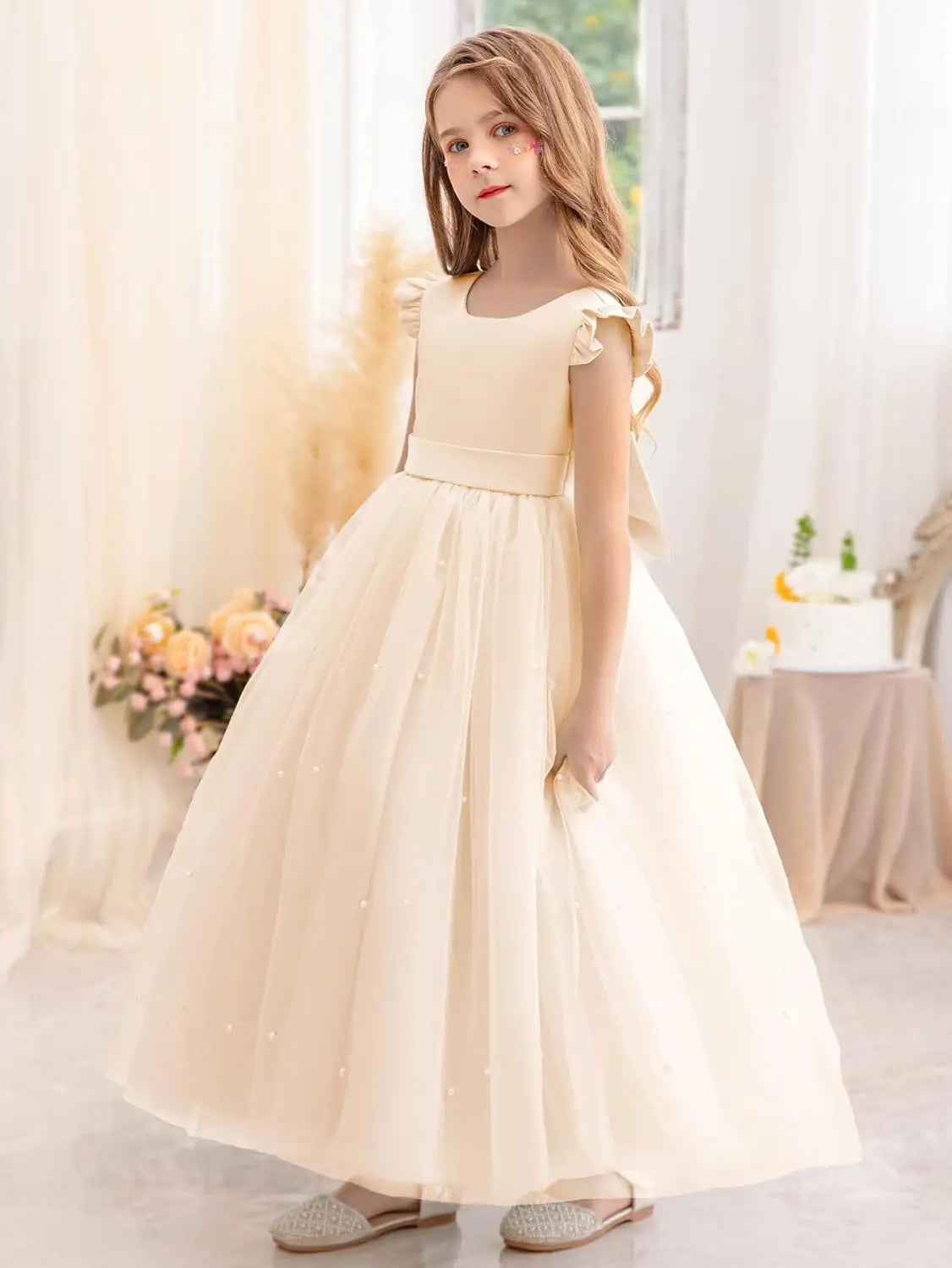 Flower Girl Dress Wedding Guest Ruffle Tulle Satin Party Birthday Princess Pageant Gown Kids Knee Length