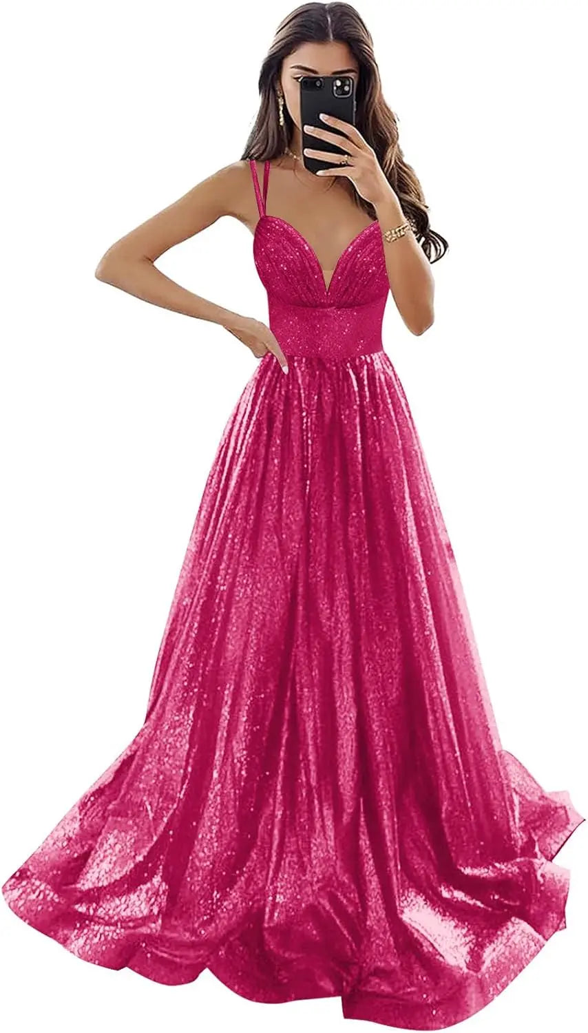 Vestido de fiesta de tul brillante con bolsillos, tirantes finos, corsé fruncido, largo, formal, para noche, vestidos de fiesta para mujer, noche 