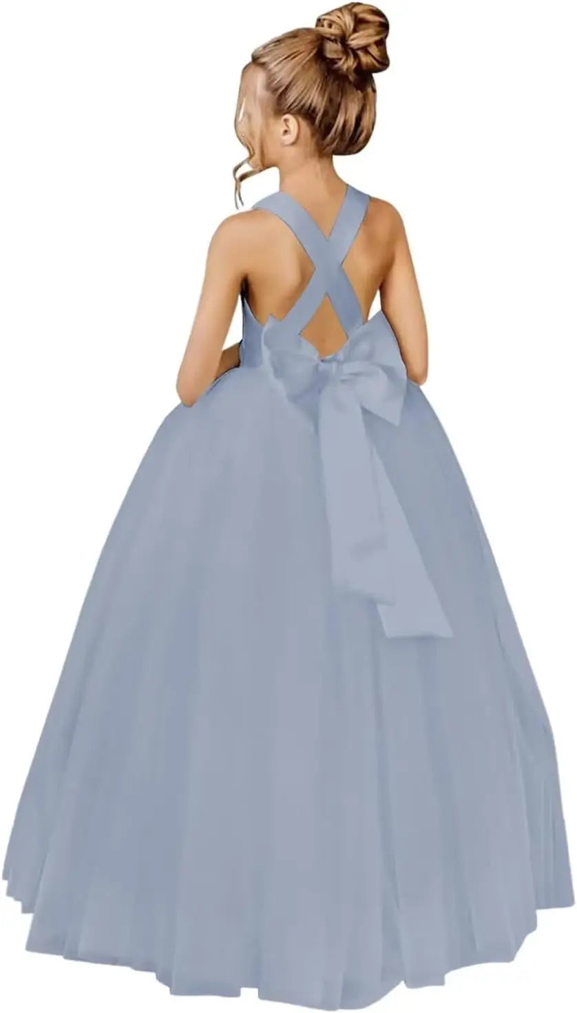 Crossed Straps Flower Girl Dress Satin Long Prom Dress with Bow Puffy Tulle Pageant Dresses for Girls princess dress