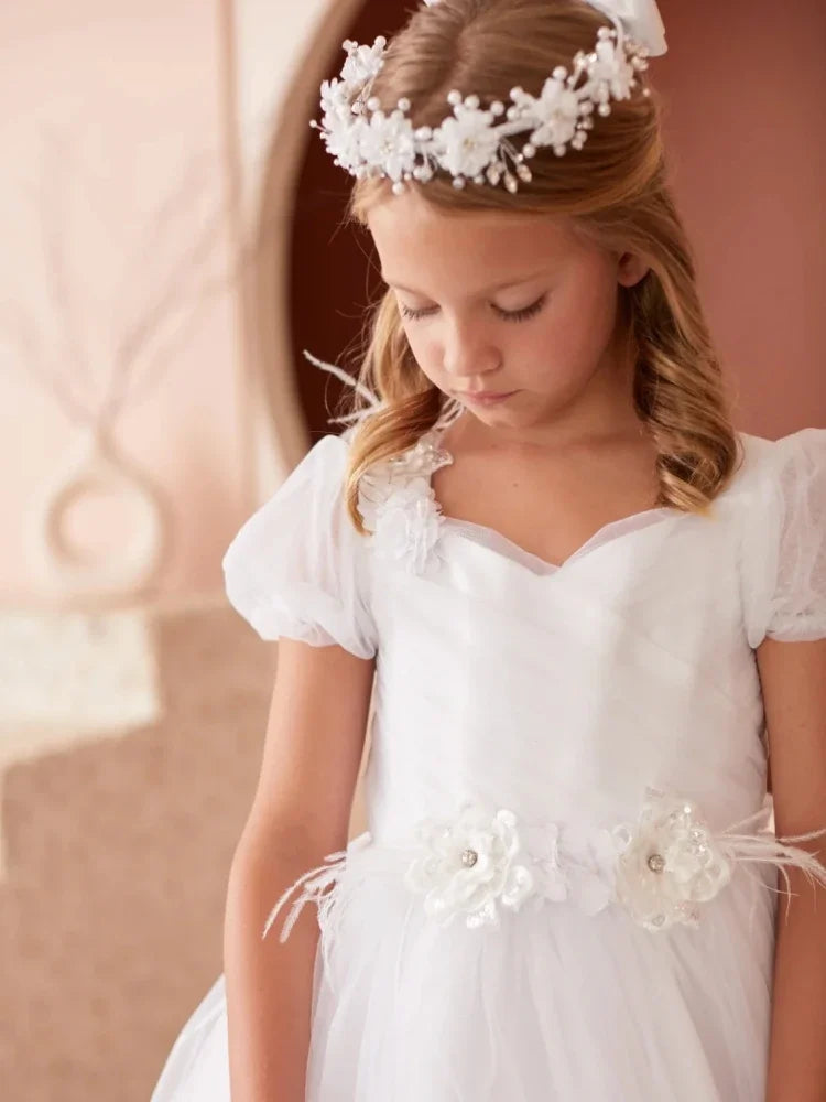 Birthday Party Holy Communion Gowns Customized Flower Girl Dresses Ivory Flowers Appliques With Bow Short Sleeve  For Wedding