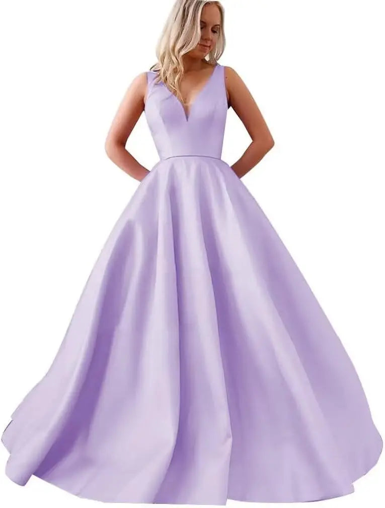 Satin A Line Wedding Dresses for Bride V Neck Prom Dresses with Pockets Simple Long Ball Gowns