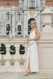 Vestido de novia cruzado con abertura frontal, vestido de novia con tirantes finos, vestido de novia de crepé con escote en V, vestidos de novia sencillos de satén blanco 