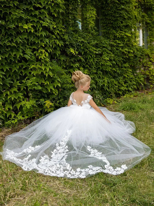 Sleeveless Elegant Little Girls Long Communion Pageant Party Gown Customized White Flower Girl Dress for Wedding Lace Appliques