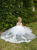 Ärmelloses, elegantes, langes Kommunions-Festzugskleid für kleine Mädchen, individuelles weißes Blumenmädchenkleid für Hochzeitsspitzenapplikationen 