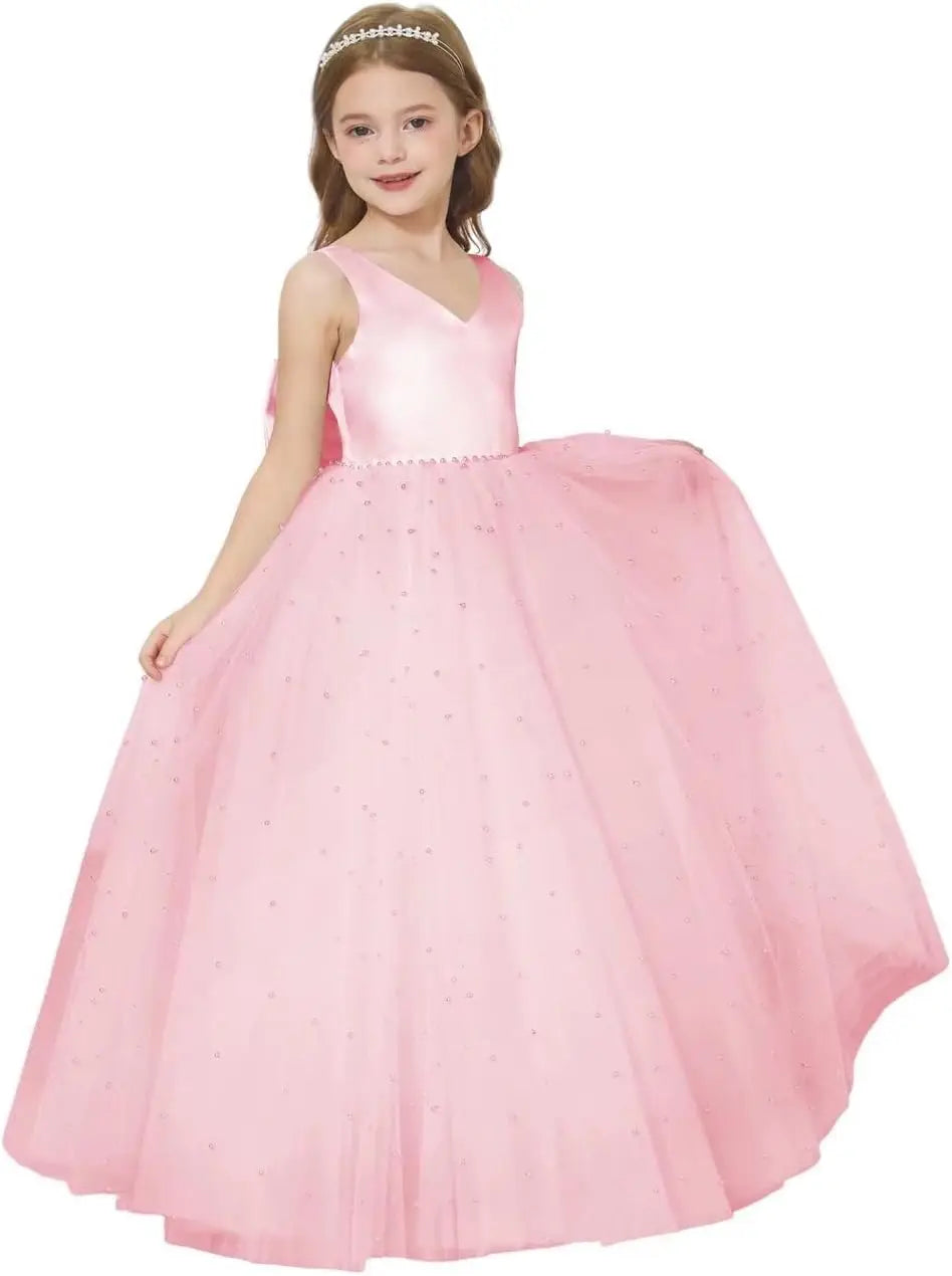 Elegant Flower Girl Dress Satin Tulle Princess Pageant Dresses for Girls Pearl Beads Wedding Maxi Gown girls party dress