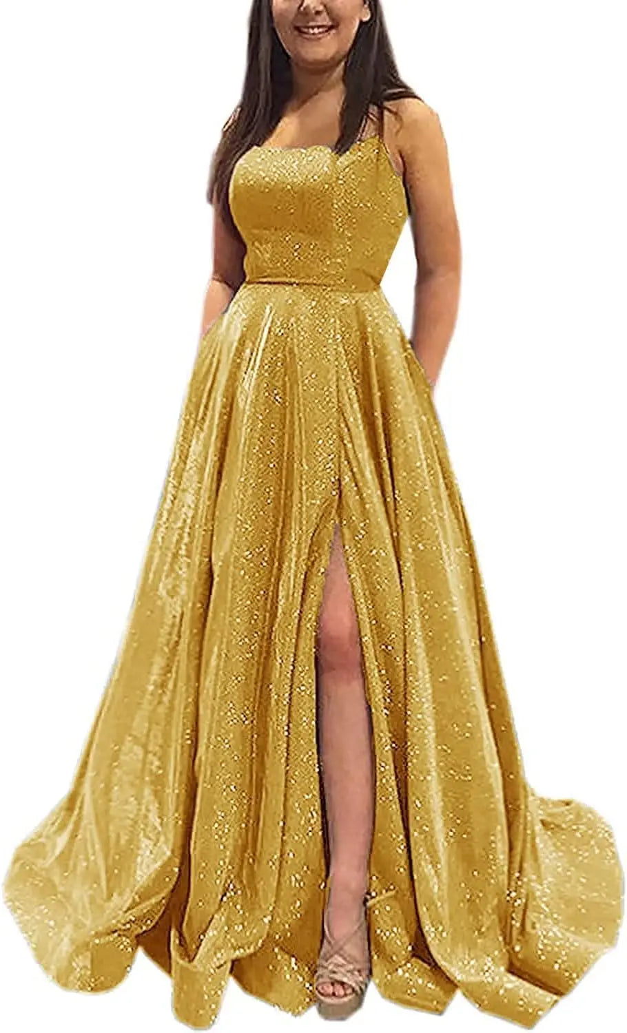 Vestidos de fiesta con purpurina para mujer, 2025, con tirantes finos abiertos, largos, formales, para noche, boda, fiesta, baile, con bolsillos 