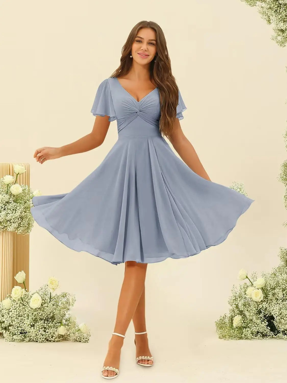 Women's Pleated Chiffon Flutter Sleeves Junior Bridesmaid Dresses with Pockets V Neck Short Formal Dress Wedding Party Gowns