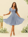 Women's Pleated Chiffon Flutter Sleeves Junior Bridesmaid Dresses with Pockets V Neck Short Formal Dress Wedding Party Gowns