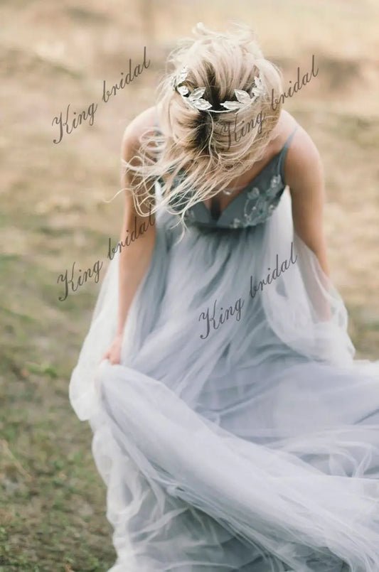 Blaues und graues Tüll-Hochzeitskleid Spaghettiträger Brautkleider Fee Hochzeitskleid Prinzessin Boho Brautkleid 