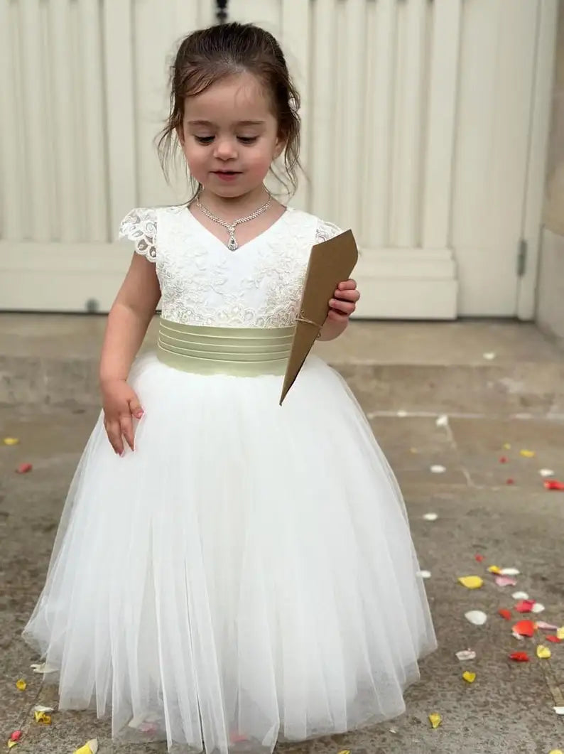 Flower girl dress, Sage Sashes, Birthday Baby Dresses Lace Tulle First Communion Gowns Wedding princess Kids ball gown