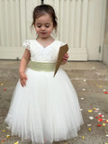 Flower girl dress, Sage Sashes, Birthday Baby Dresses Lace Tulle First Communion Gowns Wedding princess Kids ball gown