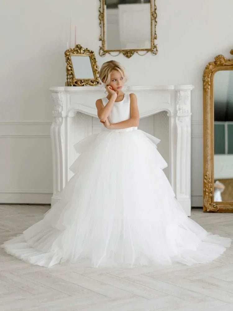 Vestidos de primera comunión para banquete de cumpleaños, personalizados, de tul blanco con capas y lazo, sin mangas, para boda 