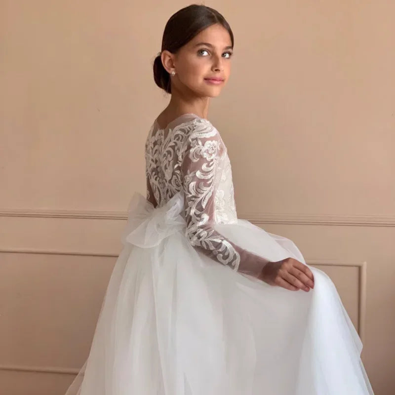 With Bow Long Sleeve For Wedding Birthday Party Banquet Holy Communion Gown Flower Girl Dresses White Tulle Flory Appliques