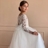 With Bow Long Sleeve For Wedding Birthday Party Banquet Holy Communion Gown Flower Girl Dresses White Tulle Flory Appliques