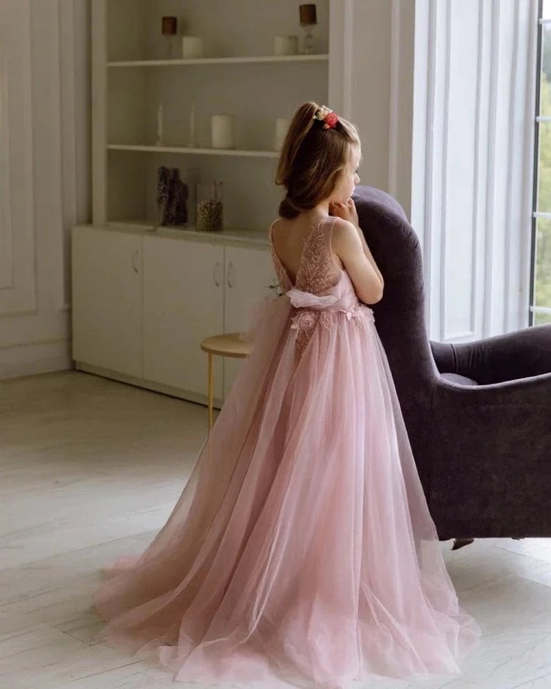 Vestido de tul con encaje para niña pequeña, para boda, con cola, para cumpleaños de niña, vestidos para niñas pequeñas para fiesta y boda, vestido de niña de flores color ruborizado 