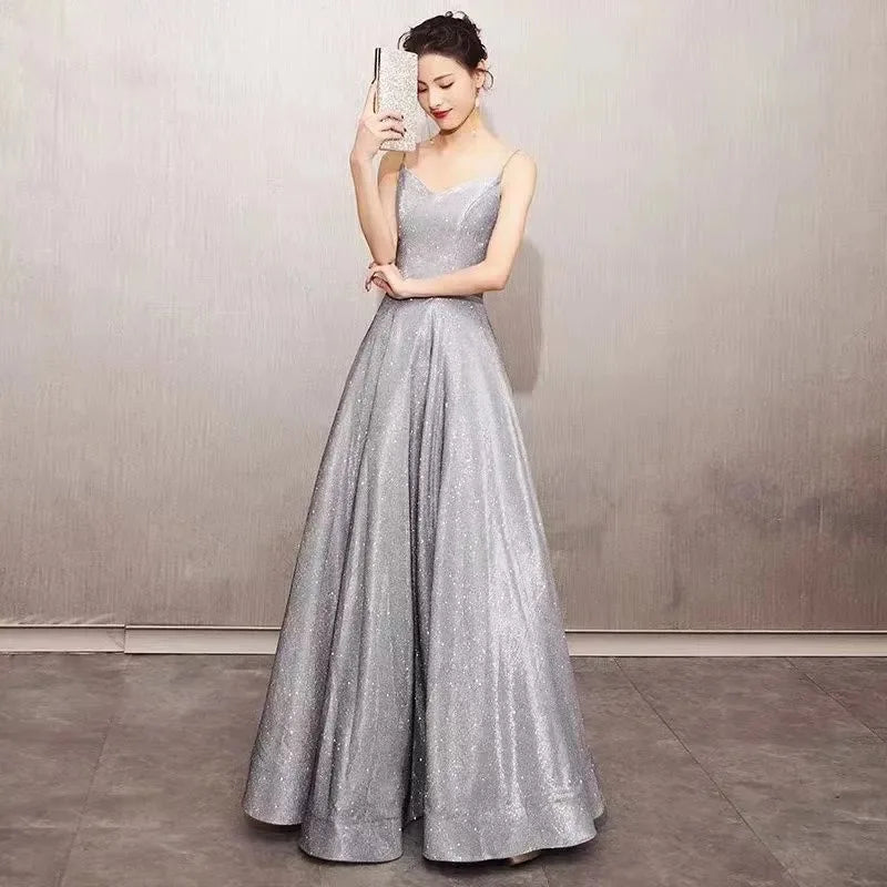 Elegant Glitter Banquet Dresses Women Fashion Spaghetti Straps Slimming Starry Sky Evening Party Dress Sexy Gown Prom Dress