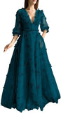 Damen Ballkleid mit Puffärmeln, 3D-Schmetterling, langer V-Ausschnitt, Tüll, Ballkleid, formelles Abendkleid 