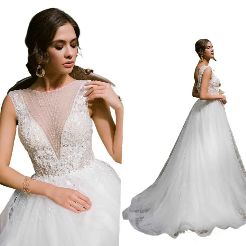 Besticktes Brautkleid nach Maß, Brautkleid mit floraler Spitze, rückenfreies A-Linien-Brautkleid aus Tüll mit Schleppe, Brautkleid nach Maß 