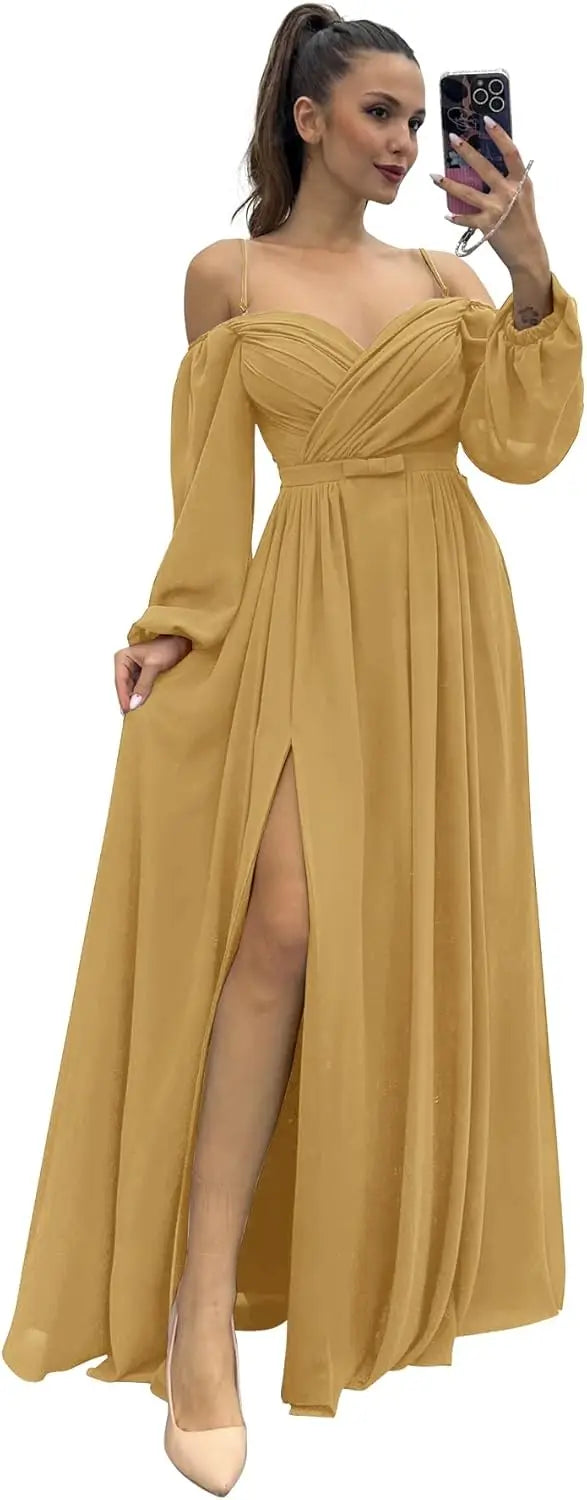Vestido de dama de honor de manga larga para mujer, con tirantes finos, para invitada de boda, con abertura y bolsillos, vestido formal fruncido. 