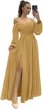 Vestido de dama de honor de manga larga para mujer, con tirantes finos, para invitada de boda, con abertura y bolsillos, vestido formal fruncido. 