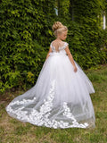 Ärmelloses, elegantes, langes Kommunions-Festzugskleid für kleine Mädchen, individuelles weißes Blumenmädchenkleid für Hochzeitsspitzenapplikationen 