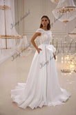 Florales Spitzen-Brautkleid, Satinrock, Korsettkleid mit abnehmbarer Schleife, A-Linie, individuelles Brautkleid, schlichtes Hochzeitskleid 