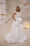 Florales Spitzen-Brautkleid, Satinrock, Korsettkleid mit abnehmbarer Schleife, A-Linie, individuelles Brautkleid, schlichtes Hochzeitskleid 