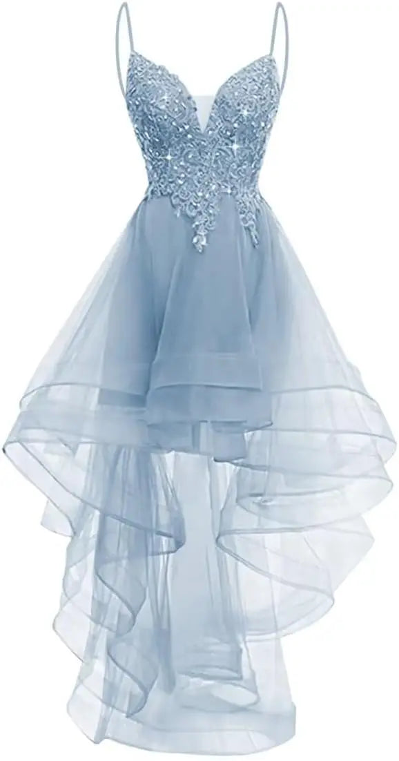 Lace Applique Homecoming Dresses 2025 High Low Spaghetti Straps Tulle Short Prom Dress for Teens Glitter Quinceanera Dress Gowns