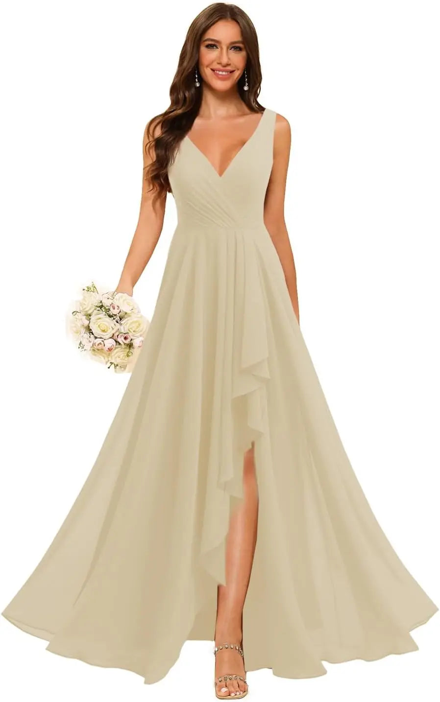 Women's V Neck Bridesmaid Dresses with Slit 2025 Chiffon A-line Formal Evening Gowns with Pockets bridesmaid dress for weddings